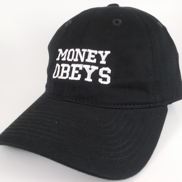 Money Obeys Black & White Baseball Cap Curved Bill - Picture 1 of 3